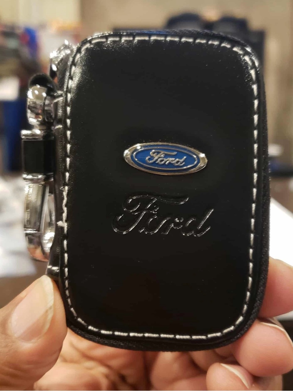 FORD Black Leather & Navy Blue & Chrome Key & Key Fob Zipper Pouch W Chrome Clip